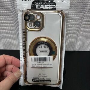 Gold and White iPhone 14 Plus Case with Ring Mount